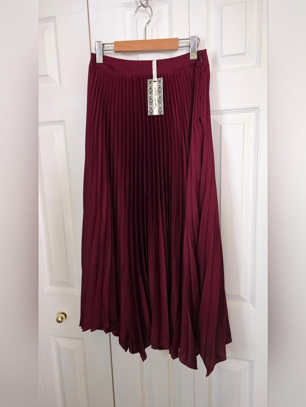 NWT Pleated Midi Skirt - Burgundy Small Asymmetrical Hem